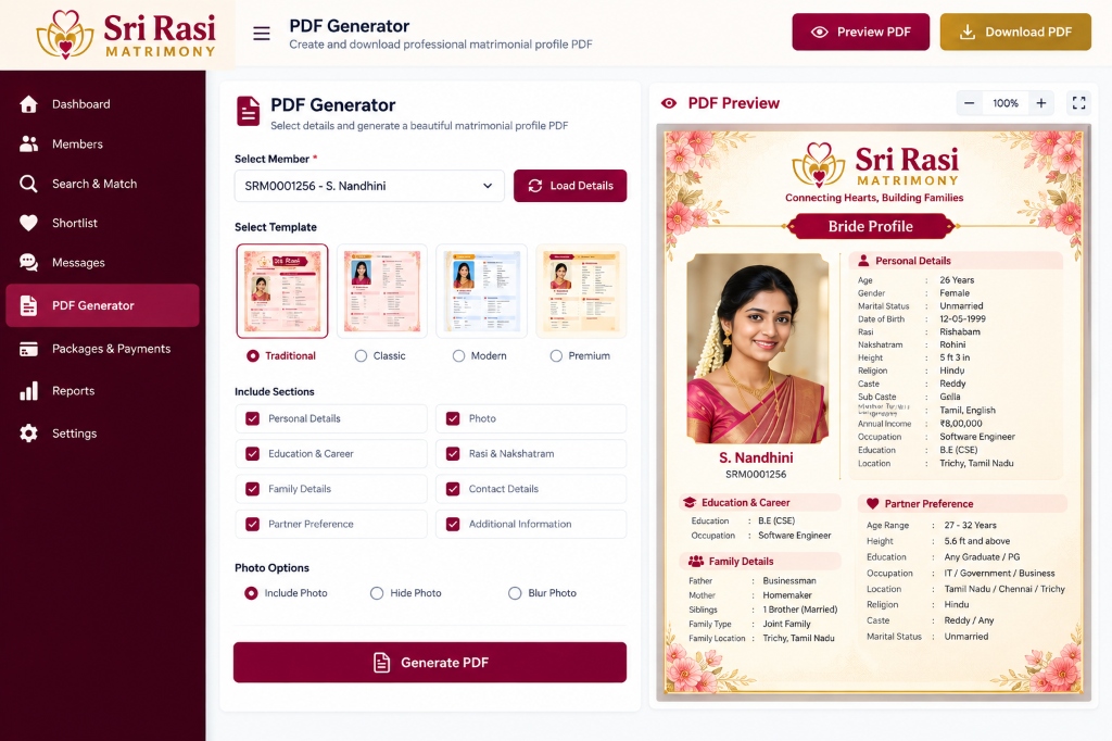5th Portfolio: Sri Rasi Matrimony Matchmaking Portal & PDF Generator